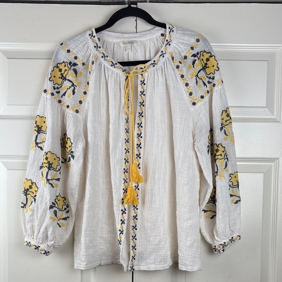 Velzera Tops - Velzera Ivory and Yellow Boho Cotton Embroidered Tie Blouse Size Large